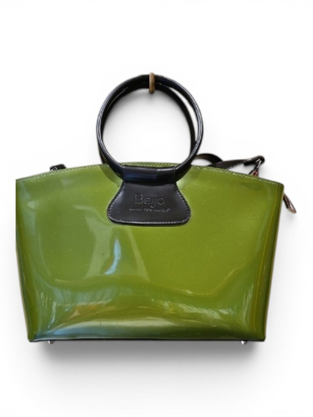 Olive Green Patent Tote with Black Ring Handles